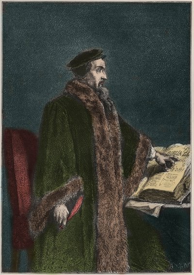 صورة جان كالفين (جان كوفين) (1509-1564) ، مصلح وكاتب ديني فرنسي - جون كالفين - نقش من "" تاريخ فرنسا الذي روى لأحفادي "" - بقلم فرانسوا جيزو - 1872-1876 بواسطة المدرسة الفرنسية