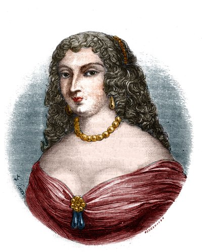 صورة لسيدة Mademoiselle de la Fayette (Louise de La Fayette 1618-1665) في العنوان ولكن بدون وظائف للملك لويس الثالث عشر شهدت عجز الأب "" نقش في "Histoire des papes-kings-queens-et-empereurs a travers les قرون "" "بواسطة ماو بواسطة المدرسة الفرنسية
