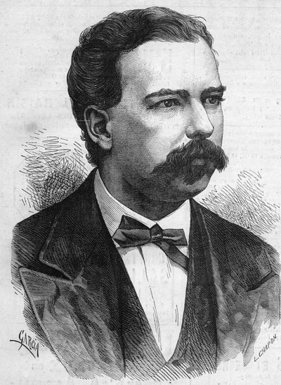 صورة شخصية لمانويل باردو (1834-1878) ، رئيس بيرو من 1872 إلى 1876. نقش في "" Le Monde Illustré "" رقم 1132 بتاريخ 7 ديسمبر 1878. بواسطة المدرسة الفرنسية