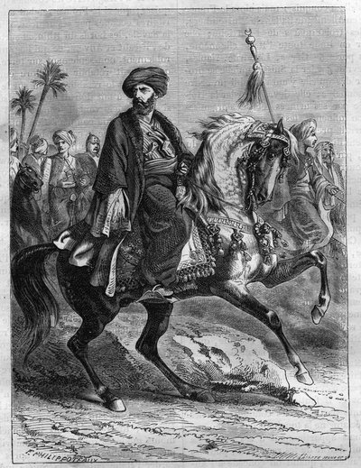 صورة لمراد بك (1750-1801) ، الزعيم المملوكي - نقش من عام 1865 في "تاريخ القنصلية وآخرون" للويس أدولف تيير - صورة الزعيم المملوكي المصري (1750-1801) - نقش من "" تاريخ القنصلية والإمبراطورية بواسطة المدرسة الفرنسية