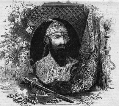صورة لنانا صاحب (نانا صاحب) (باسمها الحقيقي دوندو بانت) (حوالي ١٨٢٠-؟) ، رئيس الثورة المناهضة للاستعمار في سيباياس في الهند. نقش في "" Le Monde Illustré "" رقم 331 بتاريخ 15 أغسطس 1863. بواسطة المدرسة الفرنسية