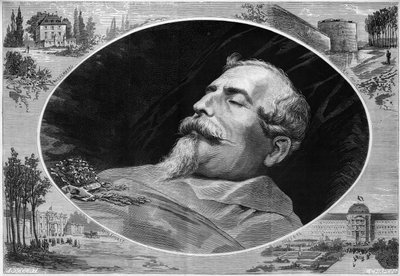 صورة لنابليون الثالث (1808-1873) وهو على فراش الموت. نقش في "" Le Monde Illustré "" رقم 824 بتاريخ 25 كانون الثاني (يناير) بواسطة المدرسة الفرنسية