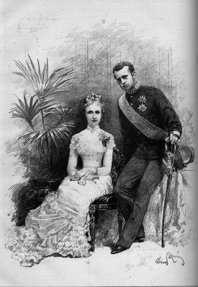 صورة للأميرة البلجيكية ستيفاني (1864-1945) وأرشيدوق النمسا رودولف (1858-1889). نقش في "" Le Monde Illustré "" رقم 1209 بتاريخ 29 مايو 1880. بواسطة المدرسة الفرنسية