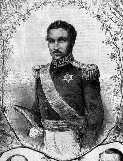 صورة لراداما الثاني (1829-1863) ، ملك مدغشقر. نقش في "" Le Monde Illustré "" رقم 268 بتاريخ 31 مايو 1862. بواسطة المدرسة الفرنسية