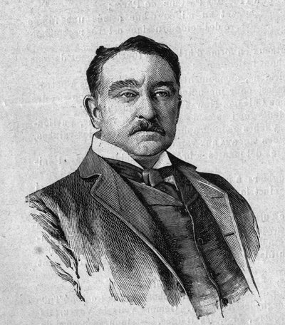 صورة للسير سيسيل رودس (1853-1902) ، الحاكم الإنجليزي لمستعمرة كيب تاون في جنوب إفريقيا (ترانسفال). نقش في "La gazette du dimanche" في 16 يناير بواسطة المدرسة الفرنسية