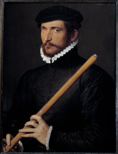 Portrait of a blind flutist Painting of the Ecole francaise. 1566 Sun. 0,62x0,5 m - Portrait of an one-eyed flutist. French School Painting. 1566. 0.62 x 0.5 m. Louvre Museum, Paris بواسطة المدرسة الفرنسية