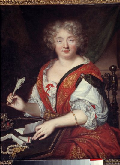 صورة لامرأة تكتب كانت تُعرف سابقًا باسم مدام دي سيفيني (1626-1696) ستكون ماري دي رابوتين شانتال (رابوتين شانتال) ، ماركيز دي سيفيني ديت مدام دي سيفيني (1626-1696) ، امرأة من الآداب. ترتدي سوارًا بارتفاع نصف ذراع. أنوني بواسطة المدرسة الفرنسية
