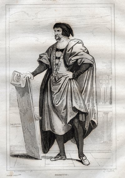 صورة للرسام الإيطالي Masaccio (Tommaso di Giovanni Cassai) (1401-1428) - نقش من "" Italy Picturesque "- الرسم التاريخي والوصف لإيطاليا" بواسطة M. de Norvins، Ch. نودير 1834-1836. بواسطة المدرسة الفرنسية