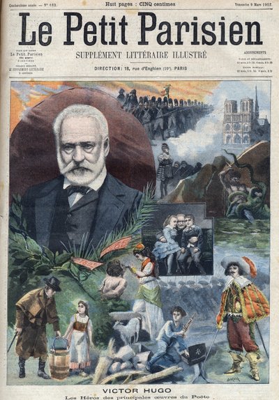 صورة للكاتب الفرنسي فيكتور هوغو (1802-1885) مع رسوم توضيحية لأعماله الرئيسية. نقش في "Le petit Parisien" " بواسطة المدرسة الفرنسية