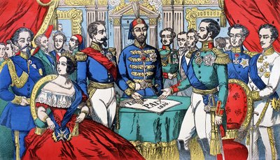 صورة لملوك أوروبا أثناء معاهدة السلام عام 1856: من اليسار إلى اليمين ، فيكتور إيمانويل الثاني (فيكتور عمانويل) (فيتوريو إيمانويل) ، ملك سردينيا ، فيكتوريا ، ملكة إنجلترا ، نابليون الثالث ، الإمبراطور التركي ، الإسكندر الثاني ، الملك روسيا ، ف بواسطة المدرسة الفرنسية