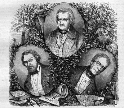 صور جان بابتيست أنطوان لاسوس (1807-1857) ، مهندس معماري فرنسي (يسار) ؛ Charles Lacretelle Jeune (1766-1855) ، مؤرخ ومحامي فرنسي (في الوسط) ؛ والبارون أوغست غاسبار لويس ديسنوييرز (1779-1857) ، حفار فرنسي. نقش من 1858. بواسطة المدرسة الفرنسية