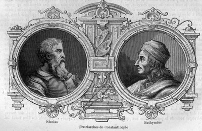 صور لنيكولاس الصوفي (القرن العاشر) و Euthymius of Athos (955-1028) ، بطاركة القسطنطينية. نقش في "Histoire des Papes-Rois-Queen و Empereurs a travers les years" بقلم موريس لاشاتر بواسطة المدرسة الفرنسية