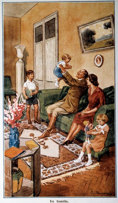 تقويم البريد والاتصالات السلكية واللاسلكية الذي يمثل مشهداً عائلياً، القرن العشرين (مطبوعة) بواسطة المدرسة الفرنسية