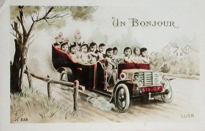 بطاقة بريدية تصور "Un Bonjour" ، سيارة مليئة بالأطفال ، قبل عام 1914 (لون ليثو) بواسطة المدرسة الفرنسية