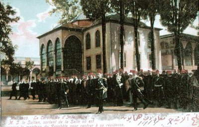 بطاقة بريدية تصور مراسم تكريم السلطان محمد الخامس (1844-1918) مايو 1909 (صورة ملونة) بواسطة المدرسة الفرنسية