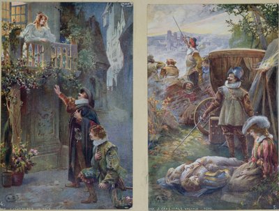 بطاقات بريدية تصور Cyrano de Bergerac مع Roxanne وموت المسيحي ، c.1900 بواسطة المدرسة الفرنسية