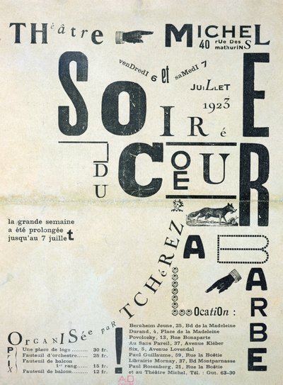 الإعلان عن الملصقات Soiree du Coeur a Barbe في مسرح ميشيل 6 و 7 يوليو 1923 بواسطة French School