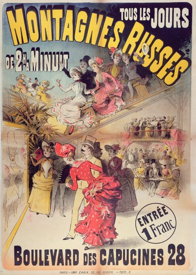 ملصق إعلان عن مونتاجنيس روس رولر كوستر في بوليفارد دي كابوسين ، باريس ، 1888 بواسطة المدرسة الفرنسية