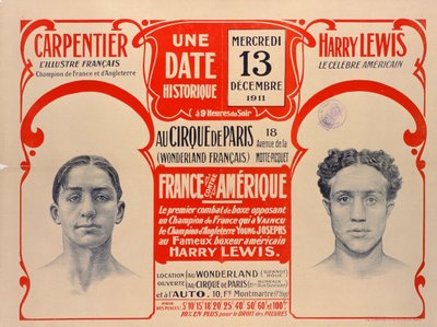 ملصق إعلان مباراة الملاكمة بين كاربنتير وهاري لويس ، 1911 بواسطة French School