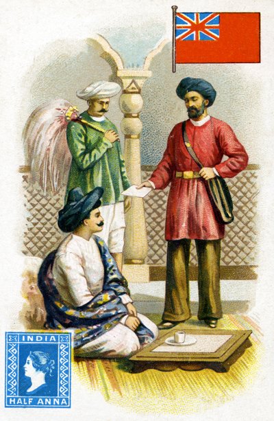 ساعي البريد يسلم رسالة في الهند البريطانية ، أواخر القرن التاسع عشر بواسطة المدرسة الفرنسية