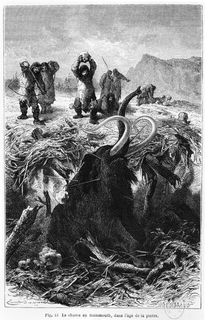 رجال ما قبل التاريخ يصطادون ماموث ، توضيح من LHomme primitif by Louis Figuier ، تم نشره Hachette ، باريس ، 1870 بواسطة المدرسة الفرنسية