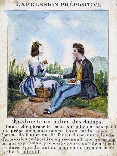 Prepositive expression (La dinette au milieu des champs) - grammar book in images, circa 1850 بواسطة المدرسة الفرنسية