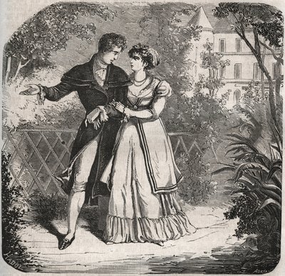 أميرة ويلز كارولينا برونزويك (1768-1821) تسير مع حبيبها بارتولوميو بيرجامي. نقش من عام 1871 في "Histoire Des Cocus Celebres" لهنري دي كوك (1819-1892). بواسطة المدرسة الفرنسية