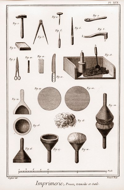 المطبعة والأواني والأدوات - "" الموسوعة الكبرى ، ou Dictionnaire Raisonne des Sciences، des Arts et des Metiers "(موسوعة أو قاموس العلوم والفنون والمهن) بقلم دينيس ديدرو (1713-1784) وجان دالمبيرت (1717-1783) بواسطة المدرسة الفرنسية