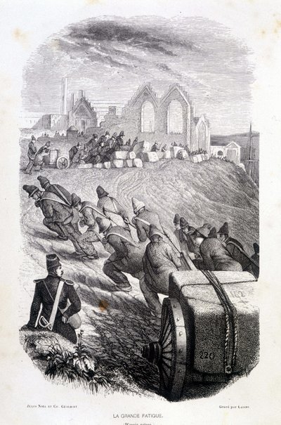 سجناء يجرون كتل حجرية في المحجر ، "" Les Bagnes: التاريخ ، الأنواع ، المزيد ، الغموض "بقلم موريس الهوي ، محرر. جوستاف هافارد بواسطة المدرسة الفرنسية