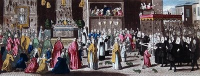 موكب خلال Fete-Dieu في باريس (نقش ملون) بواسطة المدرسة الفرنسية