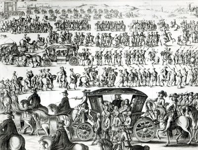 موكب دخول الملك الشاب لويس الرابع عشر كطفل في مدينة باريس في 18 أغسطس 1649 ، التفاصيل بواسطة المدرسة الفرنسية