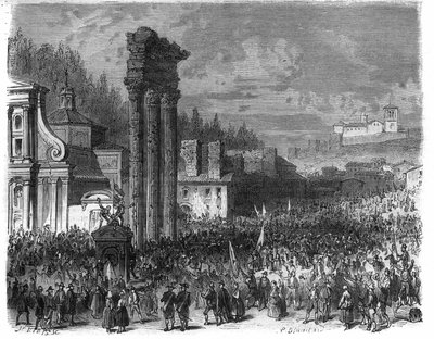 إعلان الجمهورية الرومانية في عام 1798. (إعلان ديلا ريبوبليكا رومانا nel 1878) نقش في "Histoire des Papes-King-Queen-and-Empereurs à travers les years" بقلم موريس لاكاتر بواسطة المدرسة الفرنسية