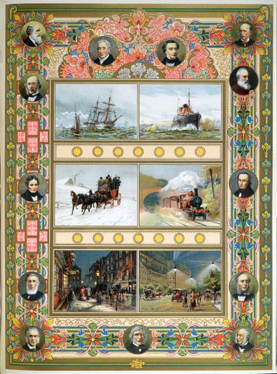 التقدم في عهد الملكة فيكتوريا (1819-1901). السفن الشراعية والسفن البخارية والقطارات البخارية وإنارة الشوارع بالغاز والكهرباء ، 1887 بواسطة المدرسة الفرنسية