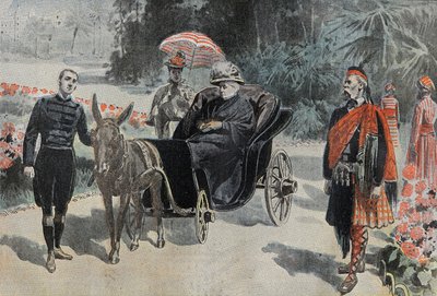 Promenade de Victoria I (1837-1901) ملكة إنجلترا ، في حديقة فندق Cimiez بالقرب من نيس. نقش في "" Le Pelerin "" 1899/03/26. بواسطة المدرسة الفرنسية