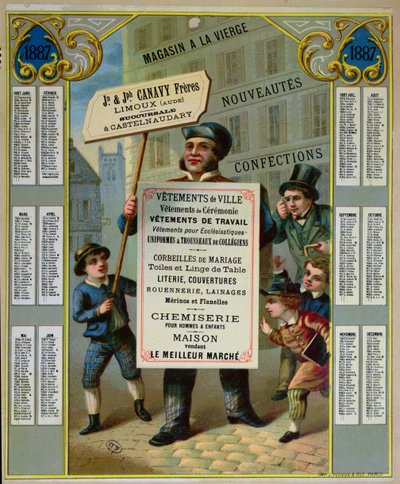 تقويم ترويجي لـ 1887 إعلان خياط Canavy Freres و خردوات ، ج 1886 بواسطة المدرسة الفرنسية