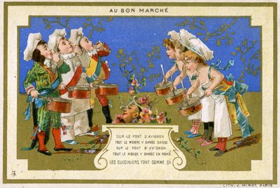 بطاقة ترويجية لمتجر باريس الباريسي Au Bon Marché ، تصور طهاة يرقصون على الجسر في أفينيون ، c.1895 بواسطة المدرسة الفرنسية