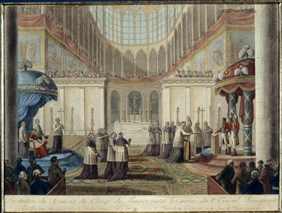 إصدار الكونكوردات عام 1801: أدى اليمين الدستورية أمام مسؤول فرنسا في يد القنصل الأول بونابرت ، بحضور مندوب قداسته في كنيسة متروبوليتان بباريس في العام الثاني والعشرين من العام الخامس ، عيد الفصح يوم 8 أبريل 1802 بواسطة المدرسة الفرنسية