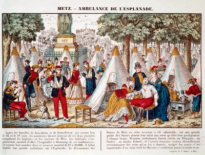 الحرب البروسية: نُصبت سيارة إسعاف في الساحة لعلاج الجرحى عام 1870 في ميتز (نقش) بواسطة المدرسة الفرنسية