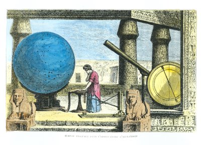 بطليموس (c.90-168) (كلوديوس بطليموس) في المرصد بالإسكندرية ، من La Vie des Savants رسوم لويس فجير (تلوين لاحق) بواسطة المدرسة الفرنسية