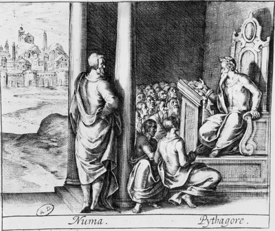 فيثاغورس (حوالي 570-480 قبل الميلاد) يقوم بتدريس فئة من الطلاب ، التوضيح من Ovids Metamorphoses بواسطة المدرسة الفرنسية