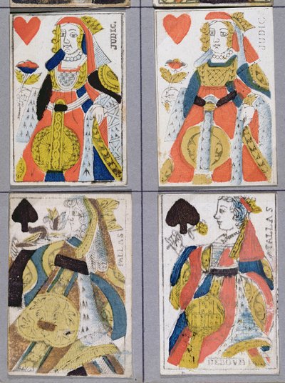 أوراق اللعب Queen of Spades و Queen of Hearts ، القرنين السابع عشر والثامن عشر (نقش الخشب الملون) بواسطة المدرسة الفرنسية
