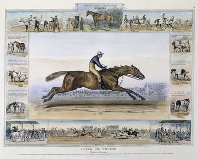 Race horse in “” Picturesque history of ancient and modern riding”” by Charles Aubry بواسطة المدرسة الفرنسية