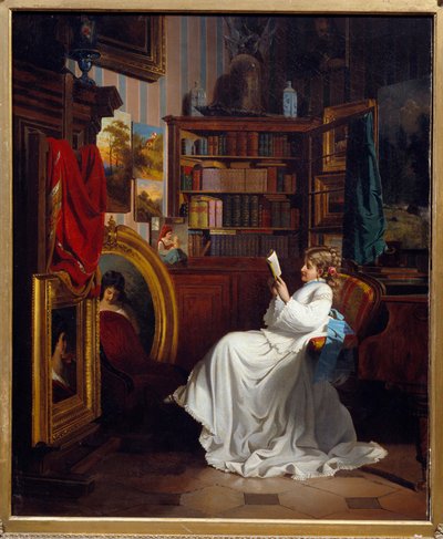 قراءة فتاة تقرأ كتابًا في المكتب. رسم المدرسة الفرنسية. مجموعة خاصة من القرن التاسع عشر بواسطة المدرسة الفرنسية