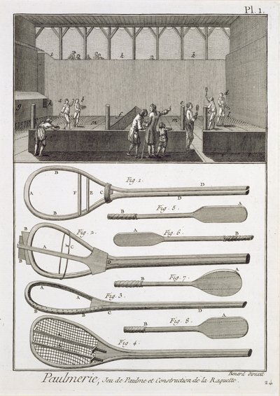 التنس الحقيقي وبناء المضارب ، من موسوعة دينيس ديدرو (1713-1784) ، نقشها روبرت بينارد (م 1734) ، تم نشره عام 1770 بواسطة المدرسة الفرنسية
