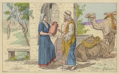ريبيكا عند البئر (طباعة حجرية ملونة) بواسطة المدرسة الفرنسية