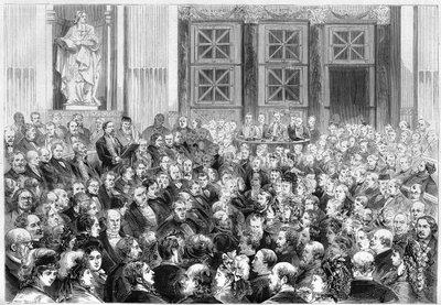 حفل استقبال في أكاديمية Francaise of Henri d'Orleans ، دوق أومالي (1822-1897) ، جندي فرنسي وسياسي ومؤرخ. باريس ، ٣ أبريل ١٨٧٣. نقش في "" Le Monde Illustré "" رقم ٨٣٤ بتاريخ ١٢ أبريل ١٨٧٣. بواسطة المدرسة الفرنسية