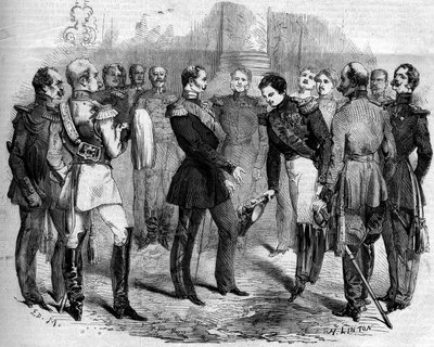 Reception of the French Emperor Napoleon III (1808-1873) by the Russian Tsar Alexander II (1818-1881) in Warsaw (Poland) بواسطة المدرسة الفرنسية