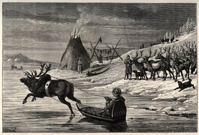 قطيع الرنة في لابلاند - نقش من "" الرجل والبيت "بواسطة آرثر مانجين - 1872 - بواسطة المدرسة الفرنسية