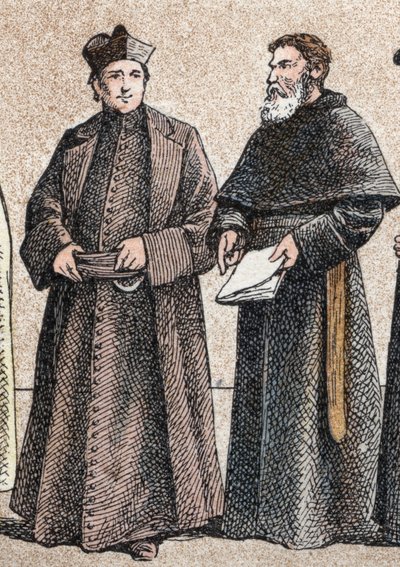 الأزياء الدينية: من g a d صورة يسوعي وشقيق افتراضى (عضو في جماعة Augustinians of the Assumption) - نقش - أزياء دينية في العصور القديمة: من اليسار إلى اليمين ، صورة لجيسويت وأزوم بواسطة المدرسة الفرنسية