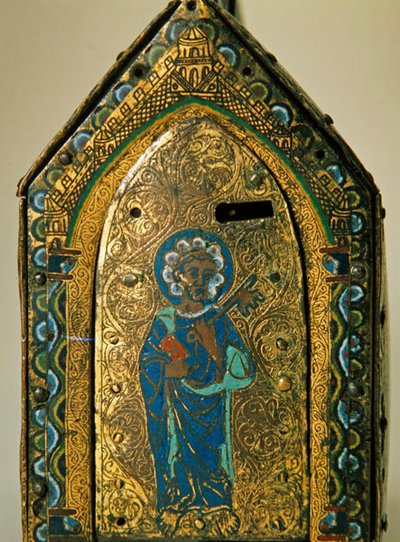 تابوت ريليكاري مع مشاهد من حياة سانت فاليريا ، ليموج ، حوالي 1175 (خشب ، نحاسي ومينا كلوزوني ، محفور ومذهّب) بواسطة المدرسة الفرنسية